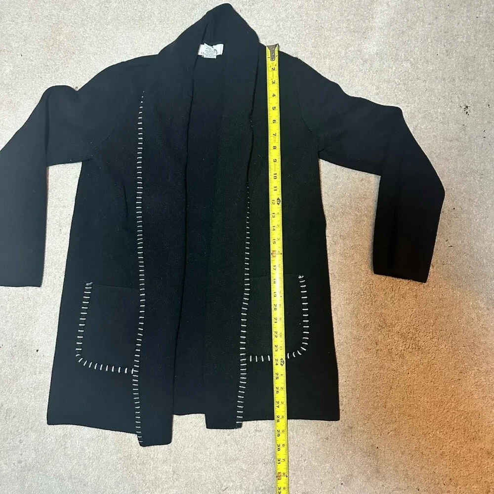 Magaschoni Sweater Women’s Large Black Cardigan White Stitch Trim Front Pockets - Picture 7 of 9